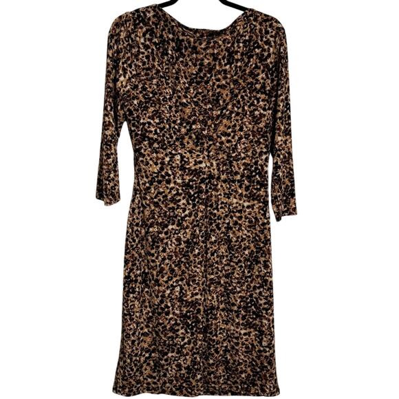 Chaps Leopard Ruched Midi Dress 3/4 Sleeve Tan Black Size L - Picture 2 of 4
